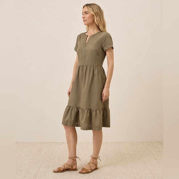 NWOT Pact Organic Canopy Linen Blend Notch Neck Dress in Khaki Green - Picture 3 of 13
